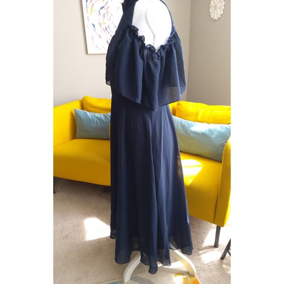 Romantic Flowy Navy ruffled midi dress high neck peekaboo shoulder Sz S - Picture 6 of 8